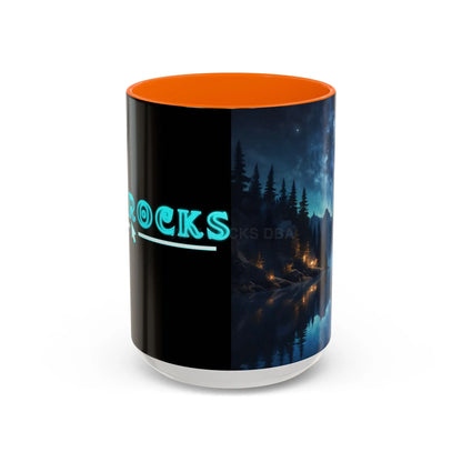 Night Lakeside Coffee Mug — Cozy Forest Reflection Accent Mug (11/15 oz) - 15oz / Orange - Mug