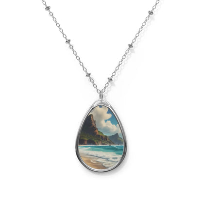 Oval Beachscape Necklace — Silver Teardrop Pendant with Seascape Art - One Size / Silver - Accessories