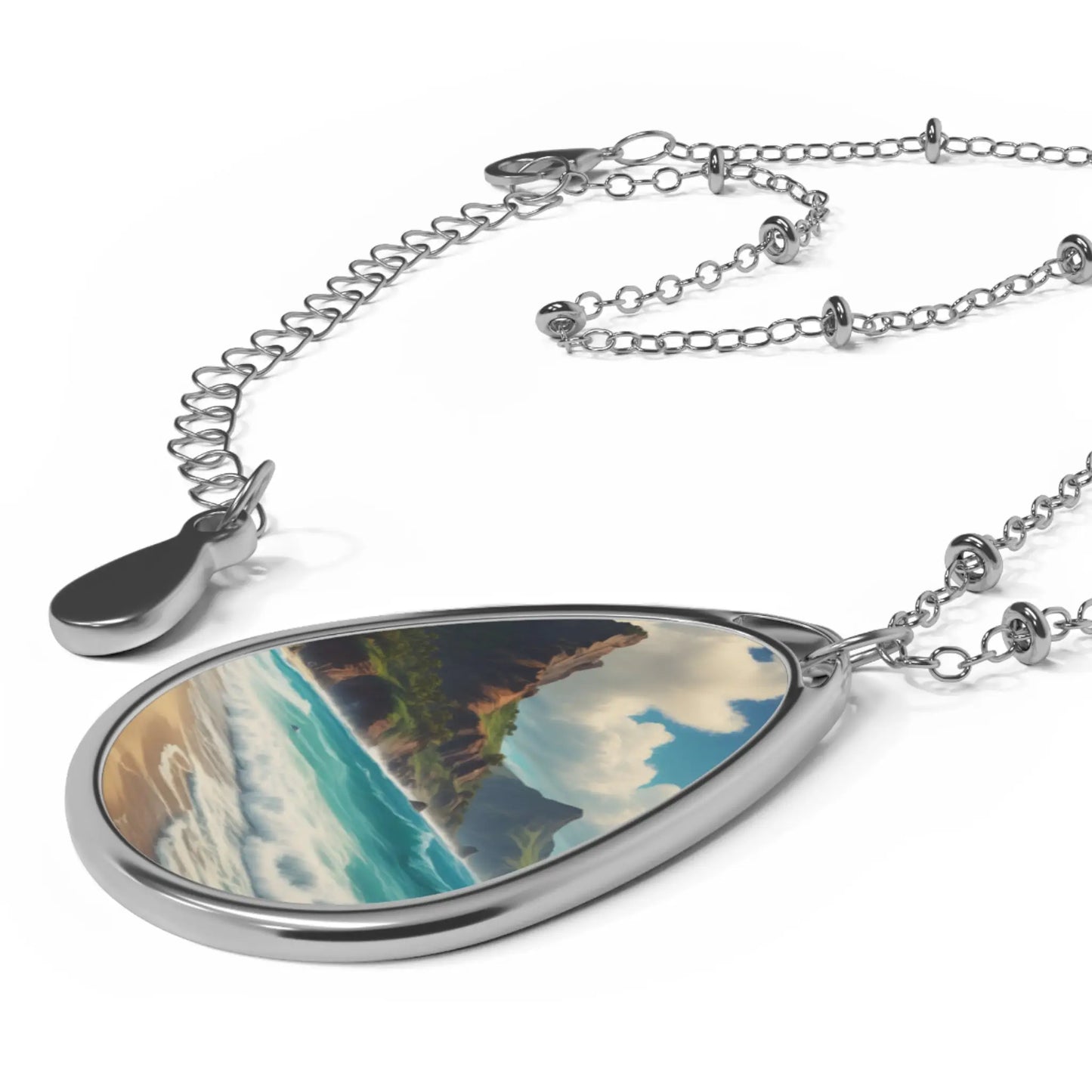 Oval Beachscape Necklace — Silver Teardrop Pendant with Seascape Art - One Size / Silver - Accessories