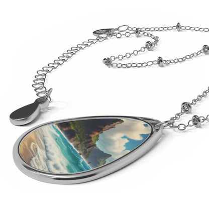 Oval Beachscape Necklace — Silver Teardrop Pendant with Seascape Art - One Size / Silver - Accessories
