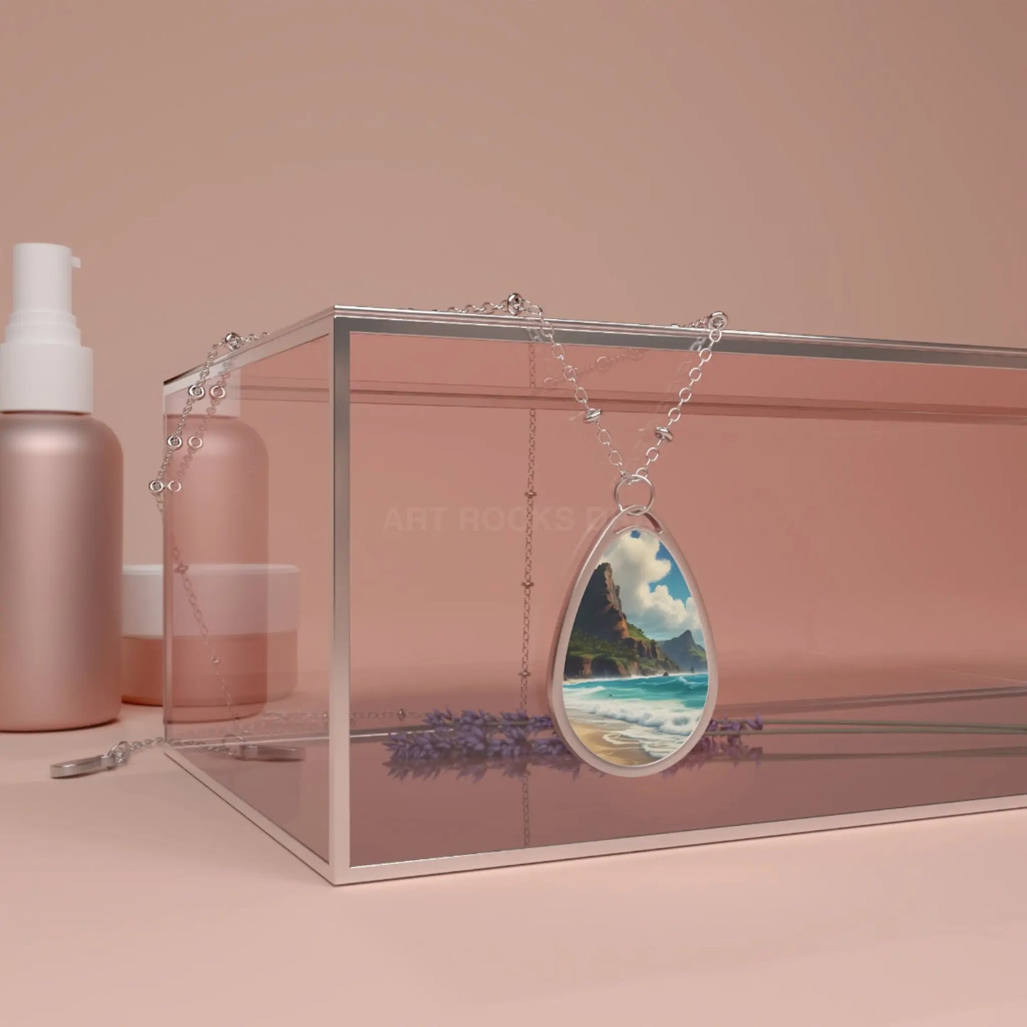 Oval Beachscape Necklace — Silver Teardrop Pendant with Seascape Art - One Size / Silver - Accessories