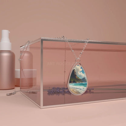 Oval Beachscape Necklace — Silver Teardrop Pendant with Seascape Art - One Size / Silver - Accessories