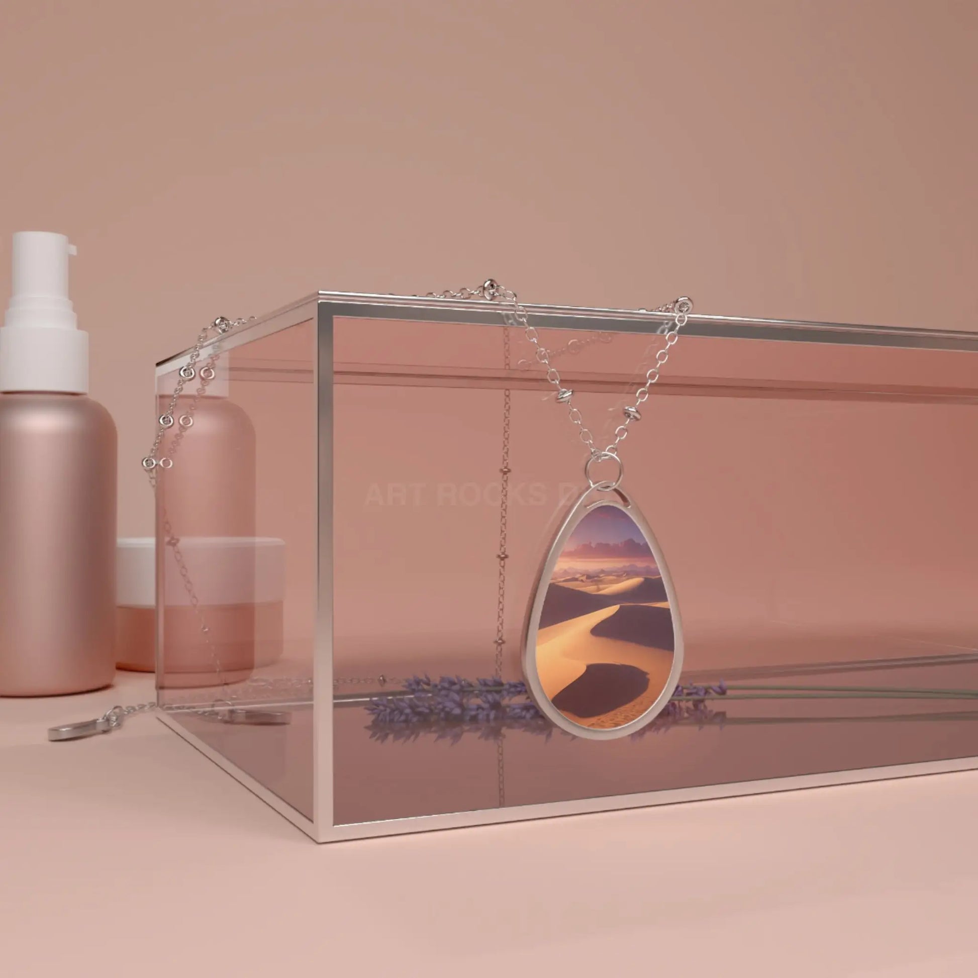 Oval Desert Sandscape Necklace — Teardrop Photo Pendant Jewelry - One Size / Silver - Accessories