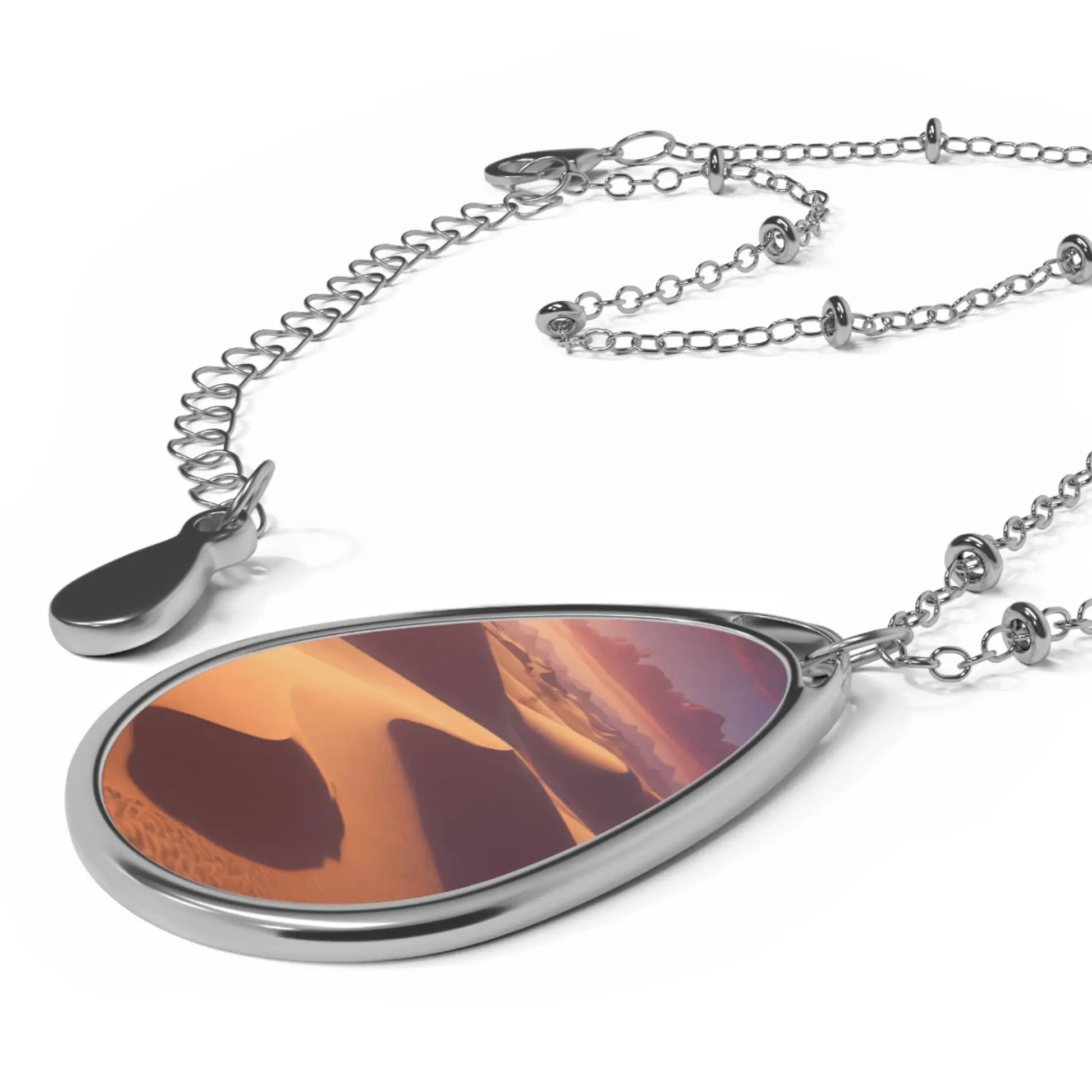 Oval Desert Sandscape Necklace — Teardrop Photo Pendant Jewelry - One Size / Silver - Accessories