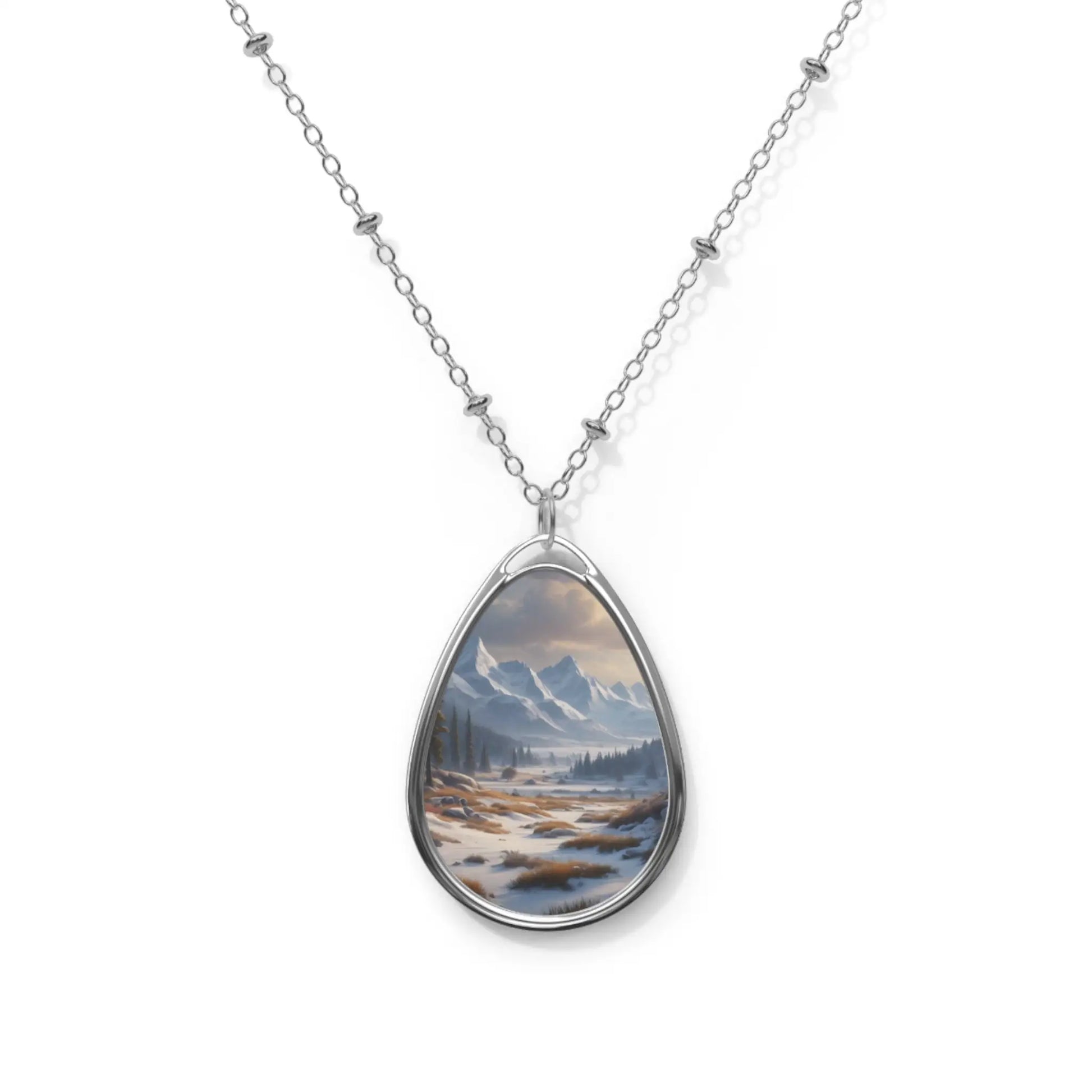 Oval Landscape Necklace — Scenic Snowy Mountain Teardrop Pendant - One Size / Silver - Accessories