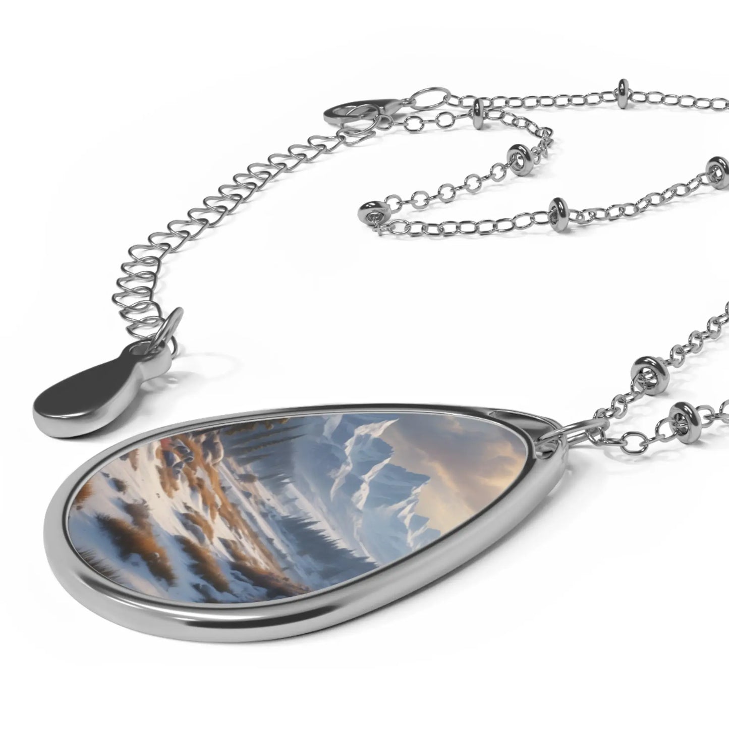 Oval Landscape Necklace — Scenic Snowy Mountain Teardrop Pendant - One Size / Silver - Accessories