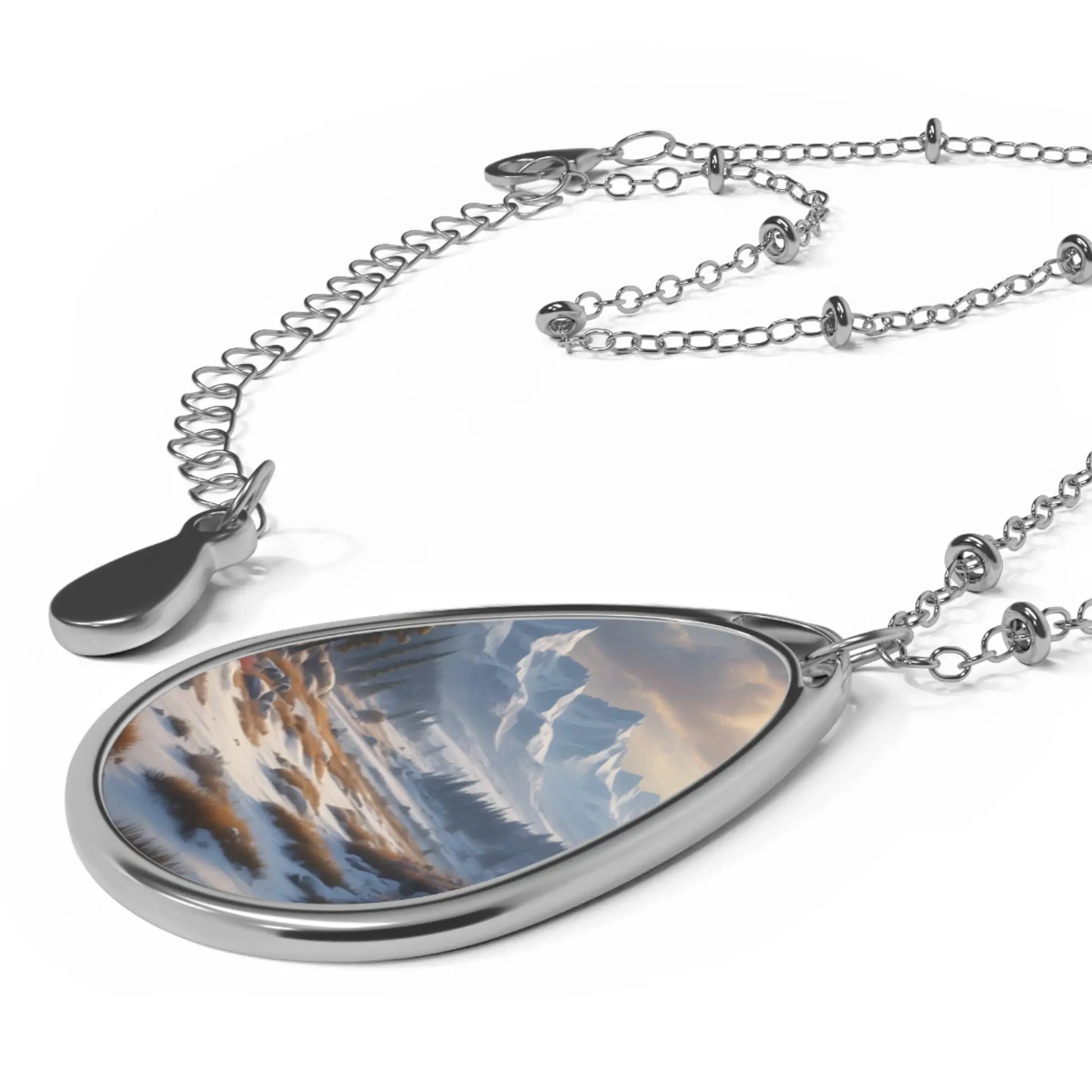Oval Landscape Necklace — Scenic Snowy Mountain Teardrop Pendant - One Size / Silver - Accessories