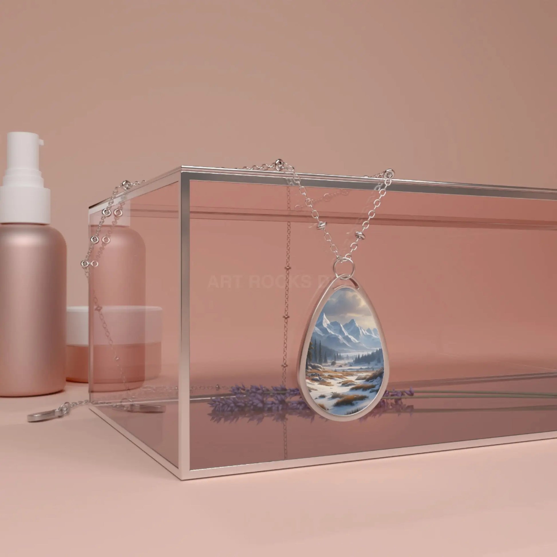 Oval Landscape Necklace — Scenic Snowy Mountain Teardrop Pendant - One Size / Silver - Accessories