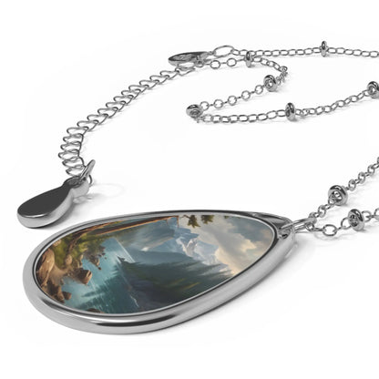Oval Landscape Necklace — Teardrop Mountain Lake Pendant - One Size / Silver - Accessories