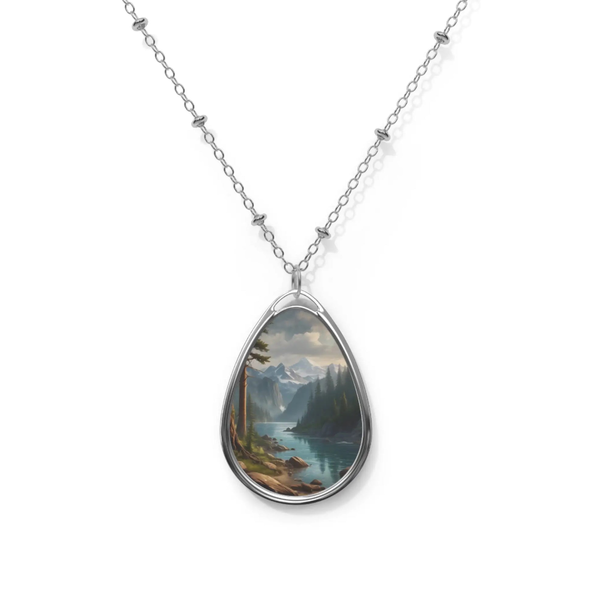Oval Landscape Necklace — Teardrop Mountain Lake Pendant - One Size / Silver - Accessories