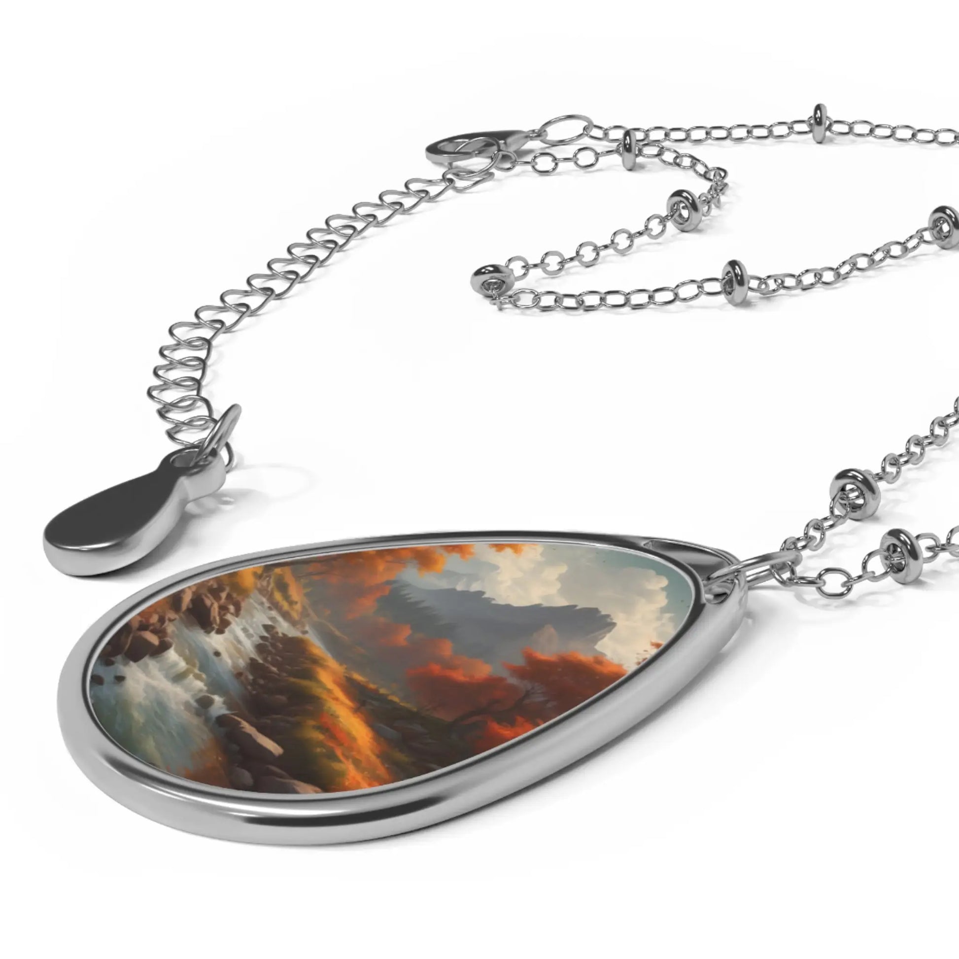 Oval Landscape Pendant Necklace — Autumn River Teardrop Necklace - One Size / Silver - Accessories
