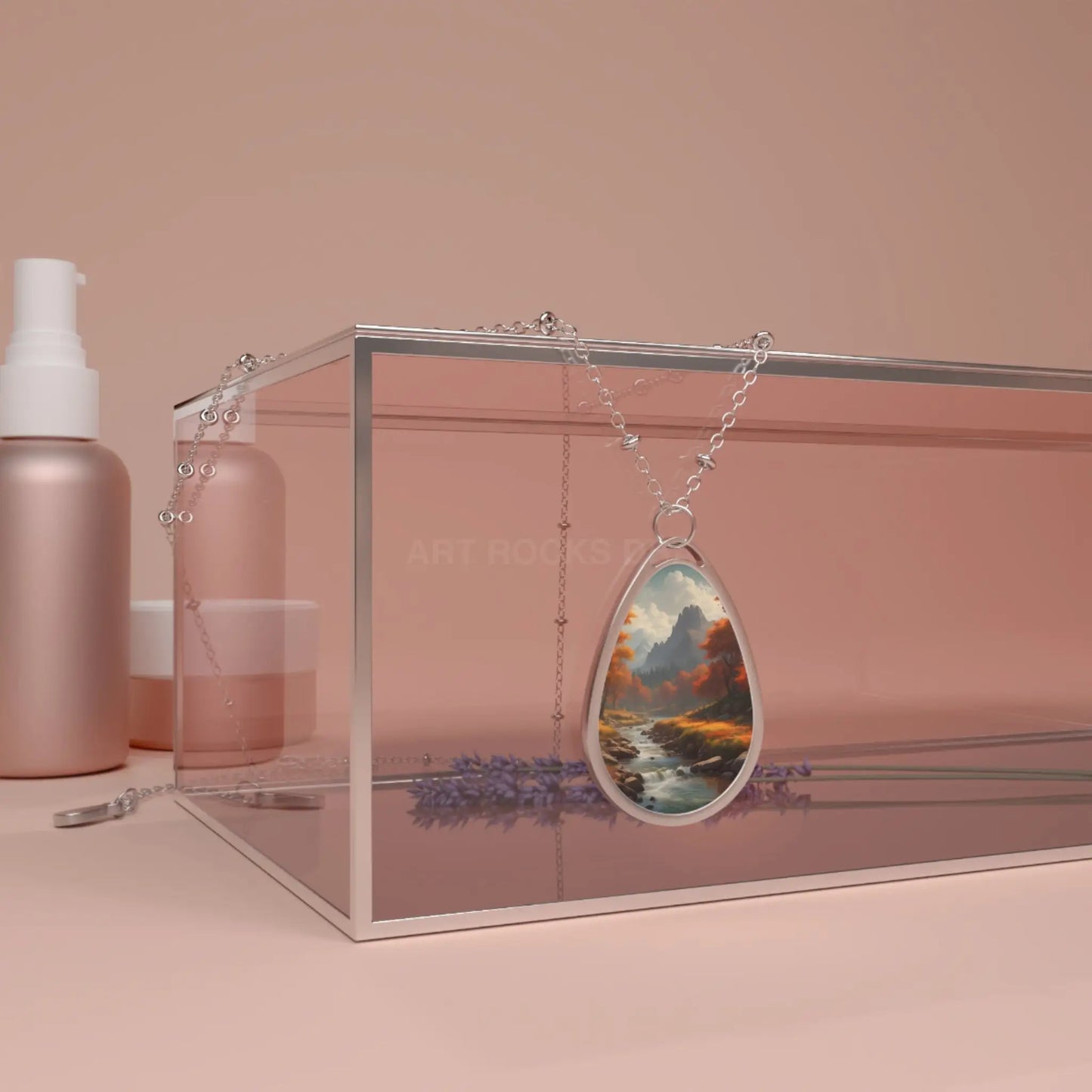 Oval Landscape Pendant Necklace — Autumn River Teardrop Necklace - One Size / Silver - Accessories