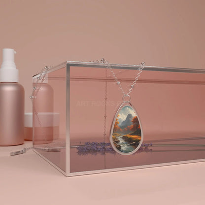 Oval Landscape Pendant Necklace — Autumn River Teardrop Necklace - One Size / Silver - Accessories