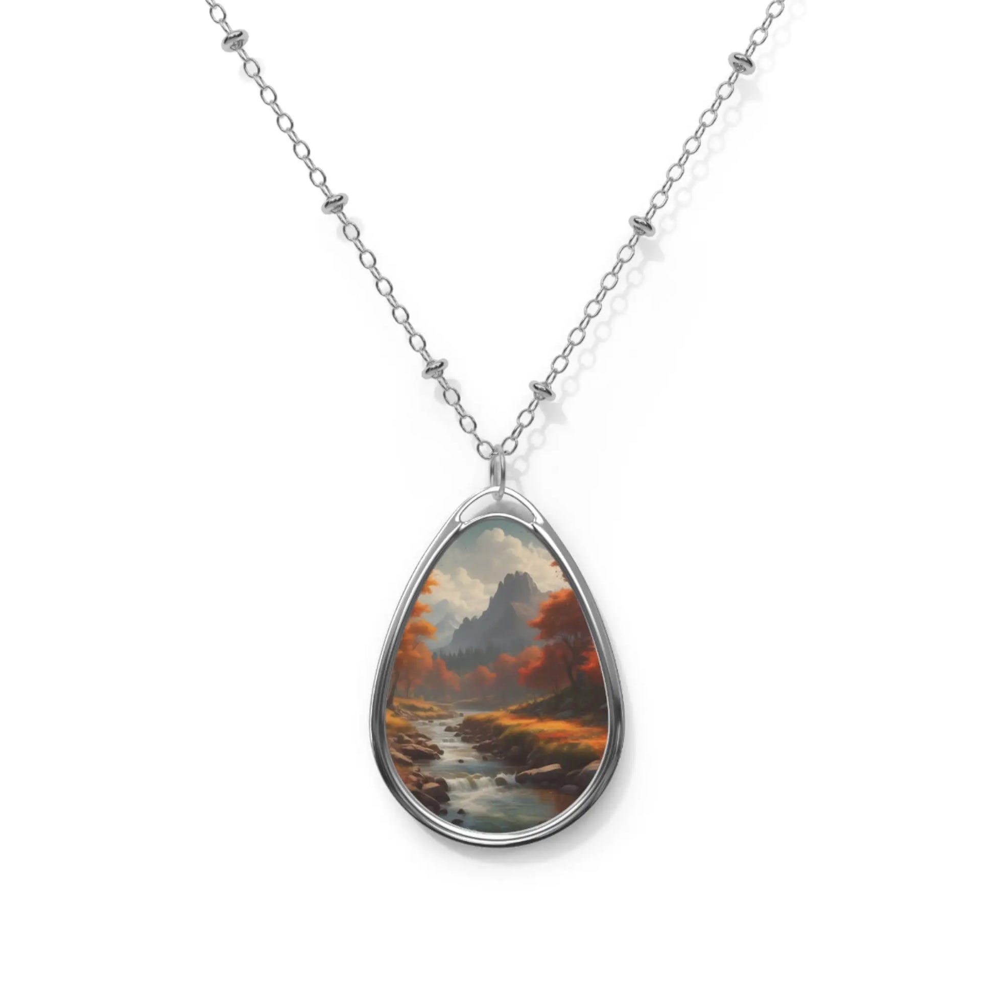 Oval Landscape Pendant Necklace — Autumn River Teardrop Necklace - One Size / Silver - Accessories