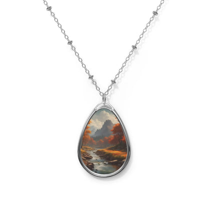 Oval Landscape Pendant Necklace — Autumn River Teardrop Necklace - One Size / Silver - Accessories