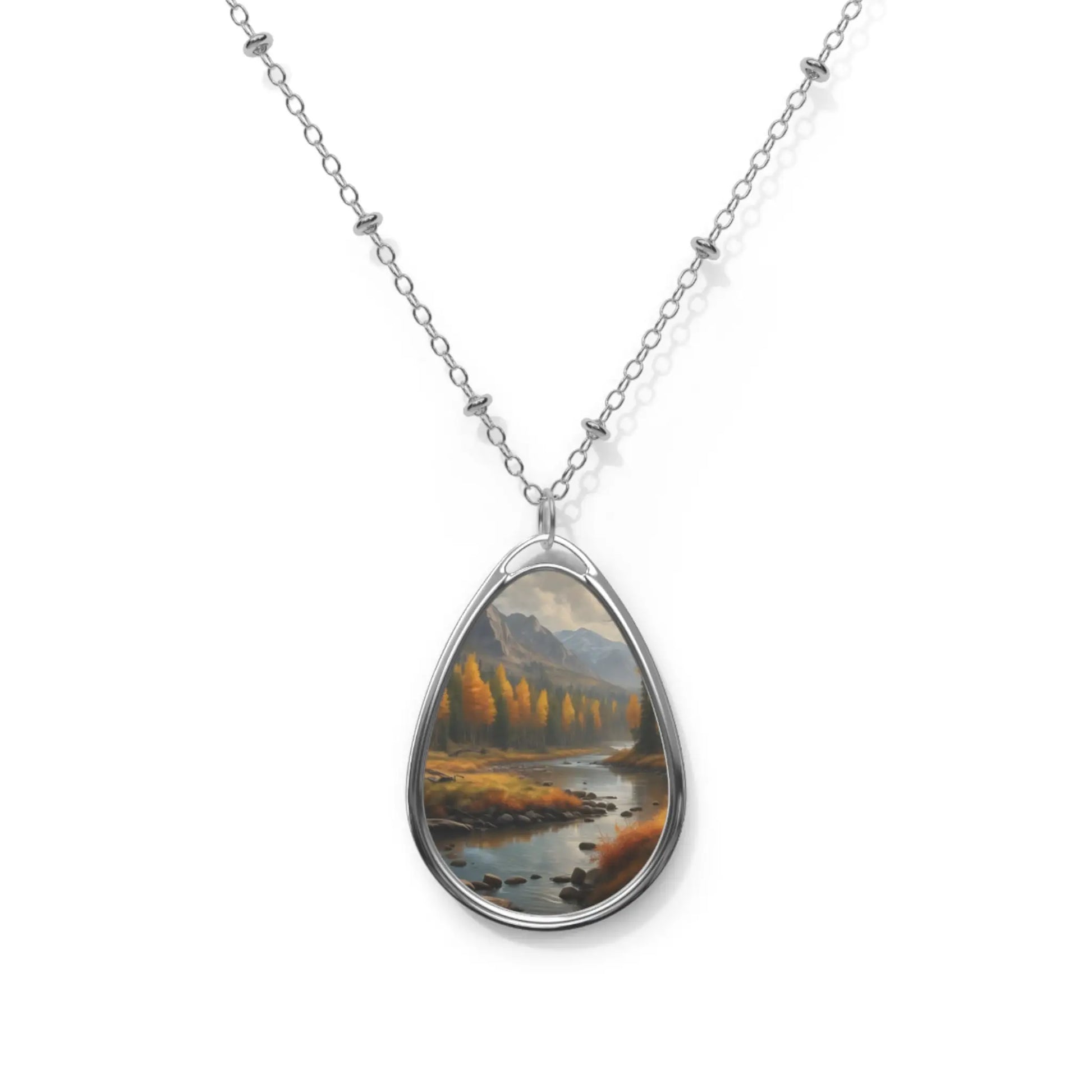 Oval Landscape Pendant Necklace — Autumn River Teardrop Necklace with Scenic Art Insert - One Size / Silver