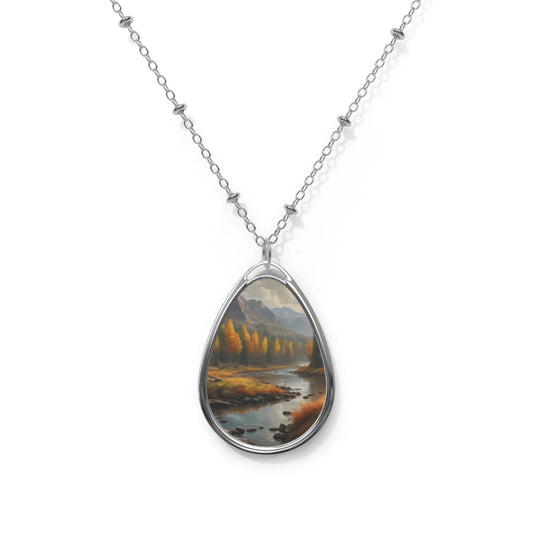 Oval Landscape Pendant Necklace — Autumn River Teardrop Necklace with Scenic Art Insert - One Size / Silver