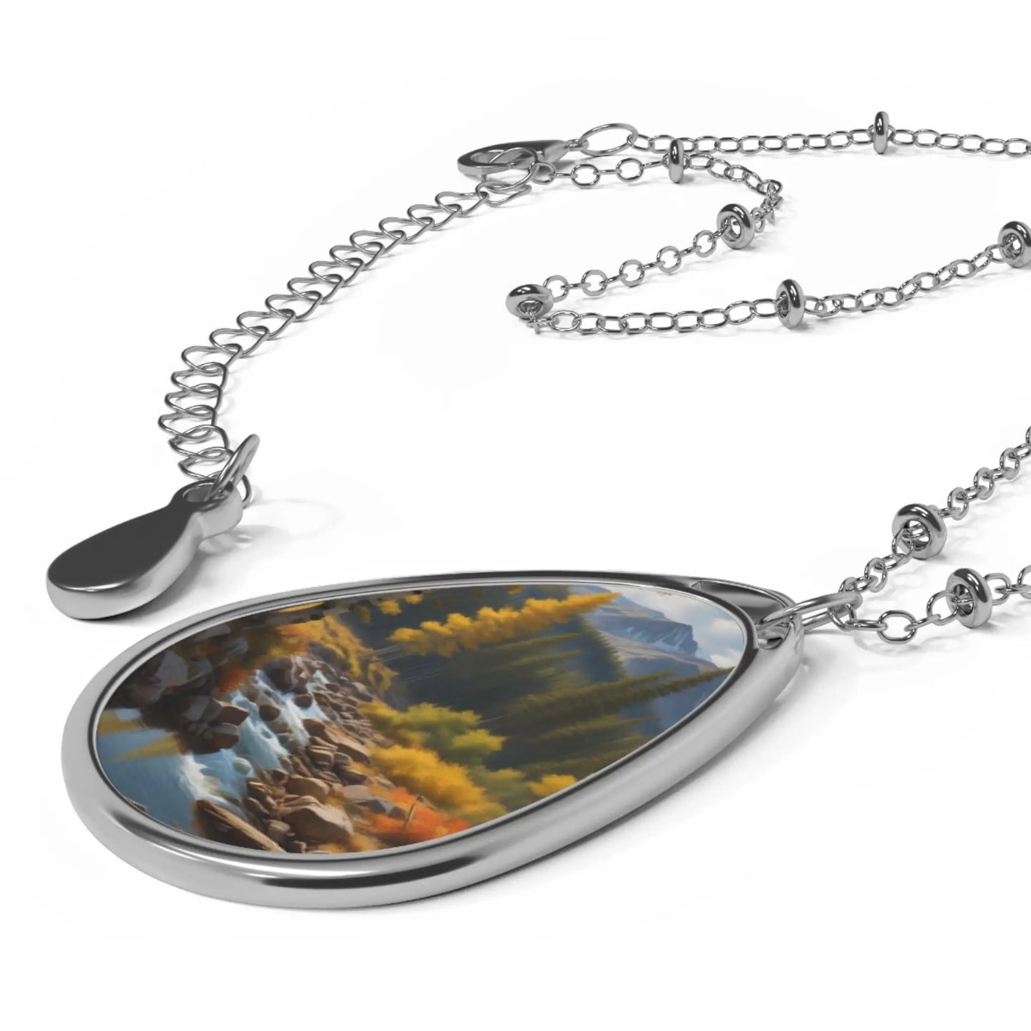 Oval Landscape Pendant Necklace — Scenic Mountain River Teardrop Necklace - One Size / Silver - Accessories