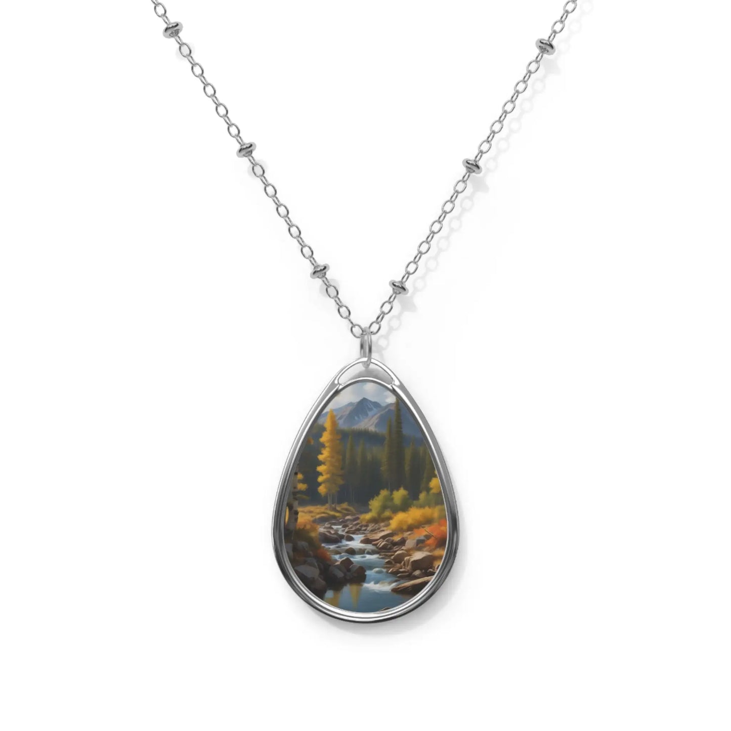 Oval Landscape Pendant Necklace — Scenic Mountain River Teardrop Necklace - One Size / Silver - Accessories