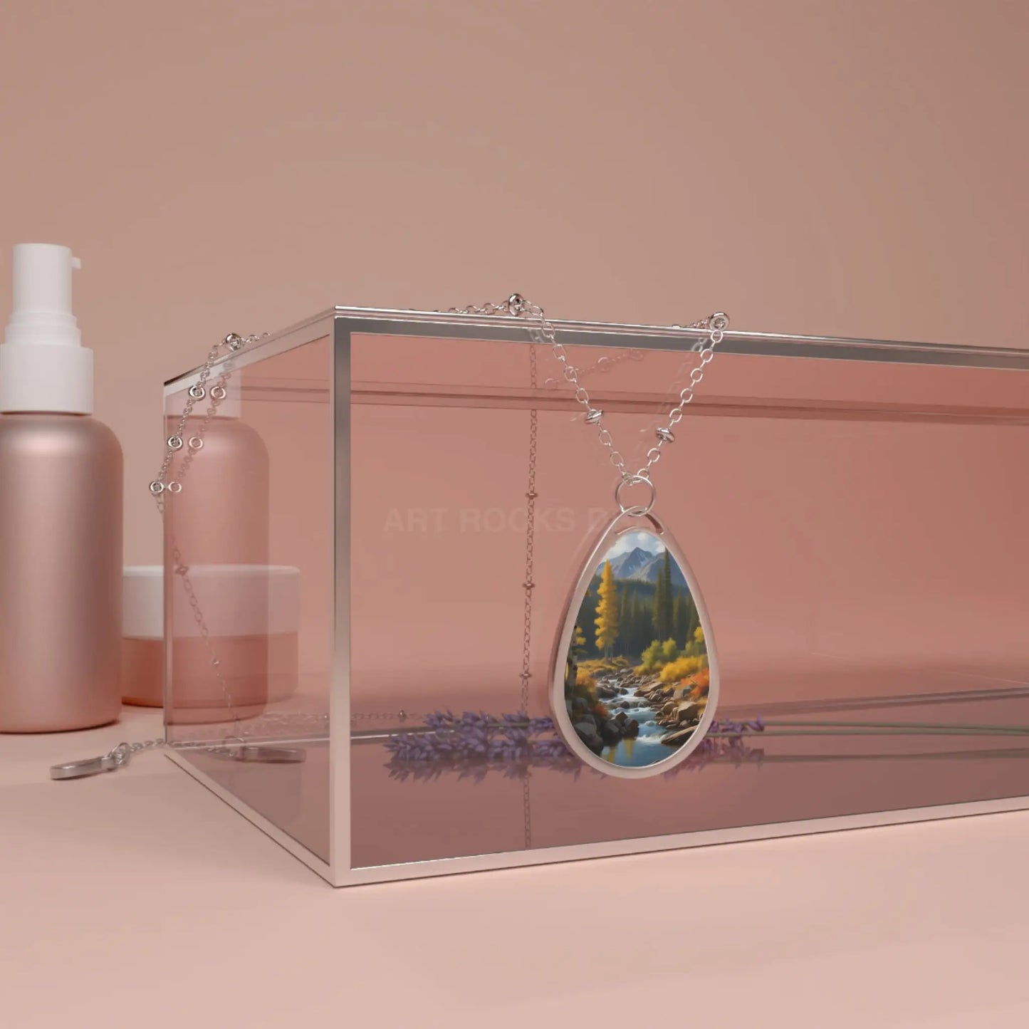 Oval Landscape Pendant Necklace — Scenic Mountain River Teardrop Necklace - One Size / Silver - Accessories