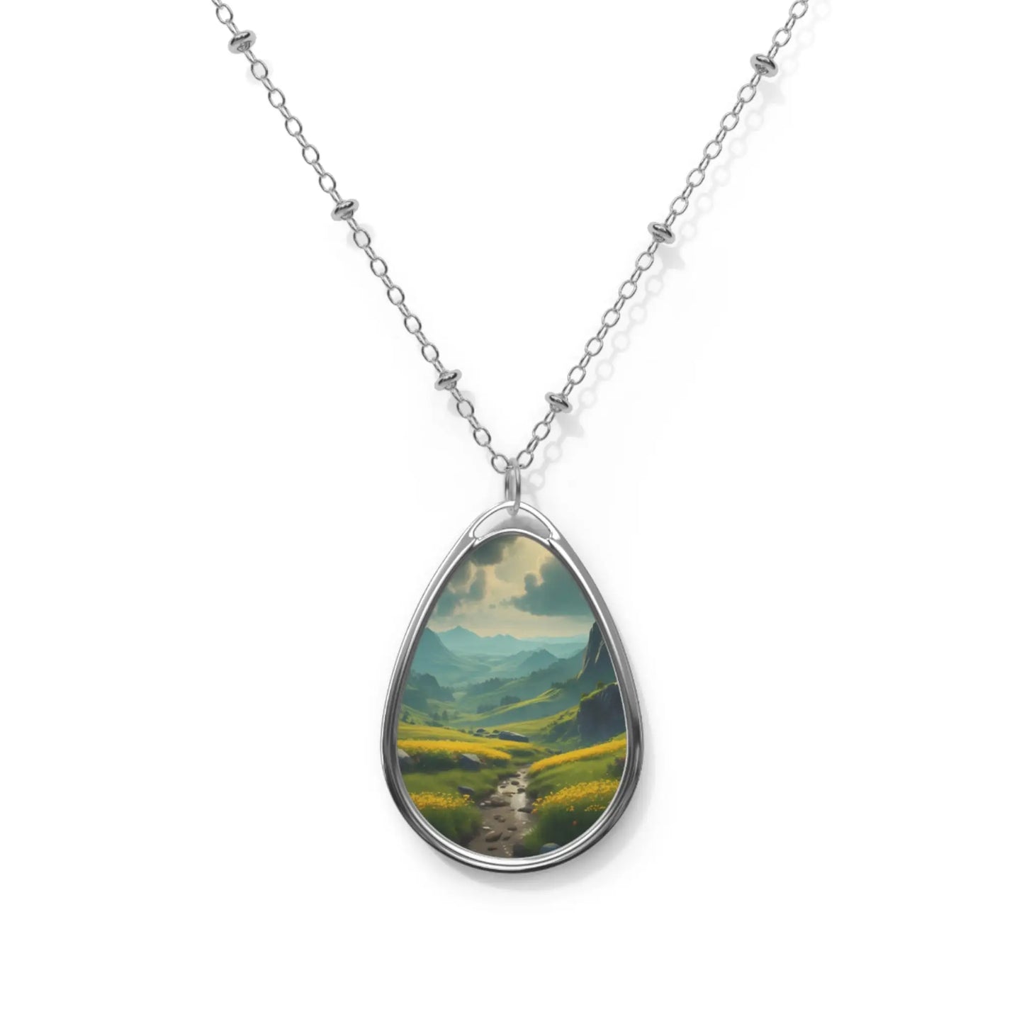 Oval Landscape Pendant Necklace — Scenic Mountain Valley Teardrop Necklace - One Size / Silver - Accessories