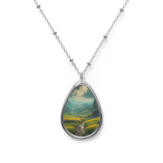 Oval Landscape Pendant Necklace — Scenic Mountain Valley Teardrop Necklace - One Size / Silver - Accessories