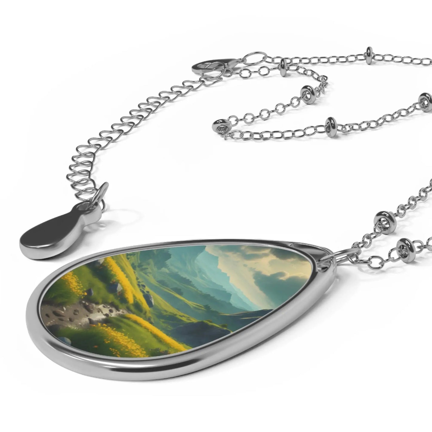 Oval Landscape Pendant Necklace — Scenic Mountain Valley Teardrop Necklace - One Size / Silver - Accessories