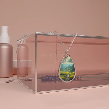 Oval Landscape Pendant Necklace — Scenic Mountain Valley Teardrop Necklace - One Size / Silver - Accessories