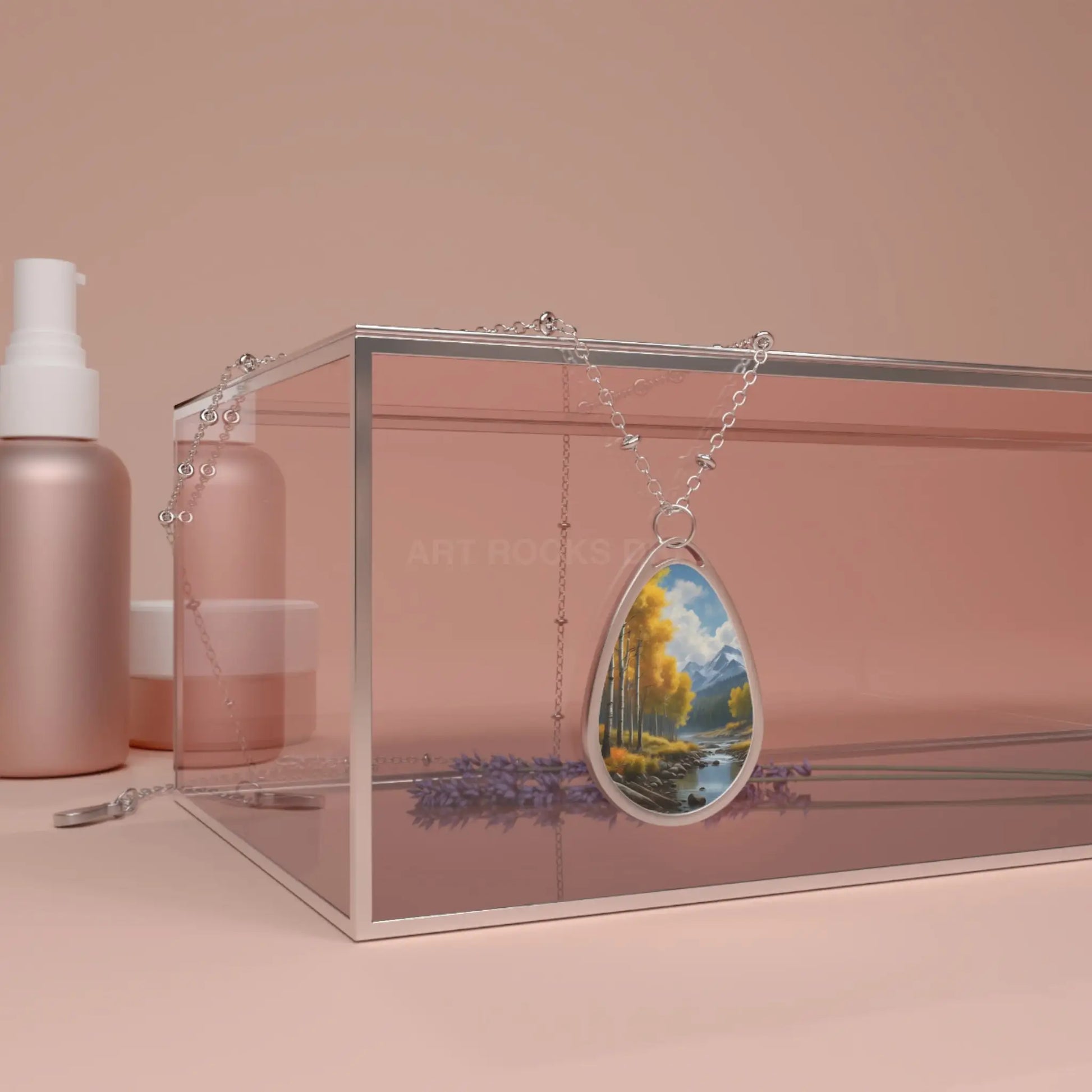 Oval Necklace — Aspen River Landscape Teardrop Pendant Necklace - One Size / Silver - Accessories