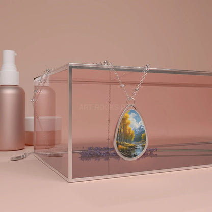 Oval Necklace — Aspen River Landscape Teardrop Pendant Necklace - One Size / Silver - Accessories
