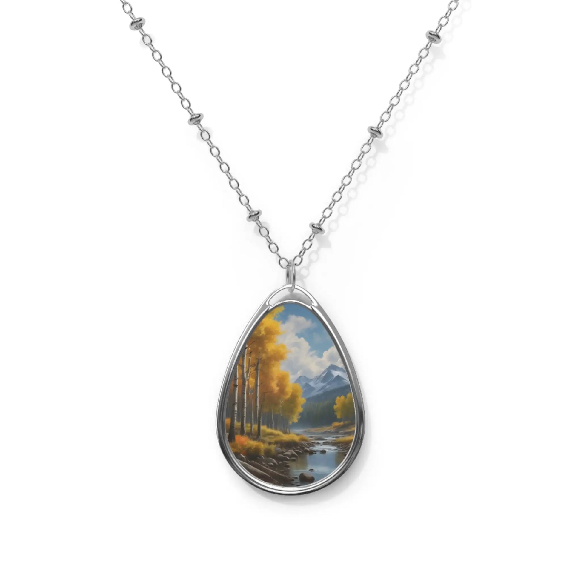 Oval Necklace — Aspen River Landscape Teardrop Pendant Necklace - One Size / Silver - Accessories