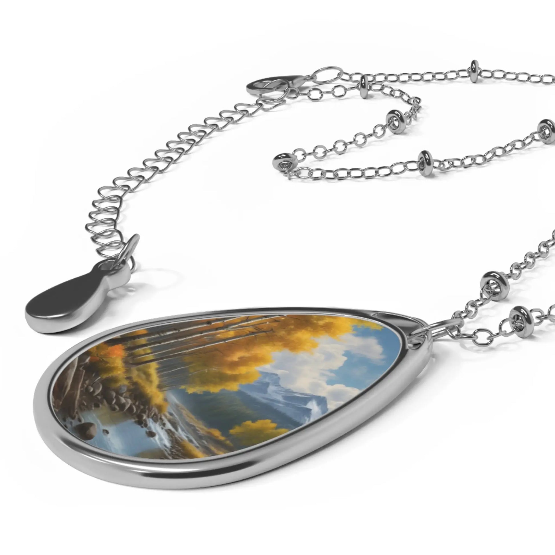 Oval Necklace — Aspen River Landscape Teardrop Pendant Necklace - One Size / Silver - Accessories