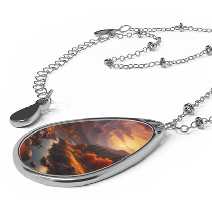 Oval Necklace - Autumn Mountain Landscape Teardrop Pendant - One Size / Silver - Accessories