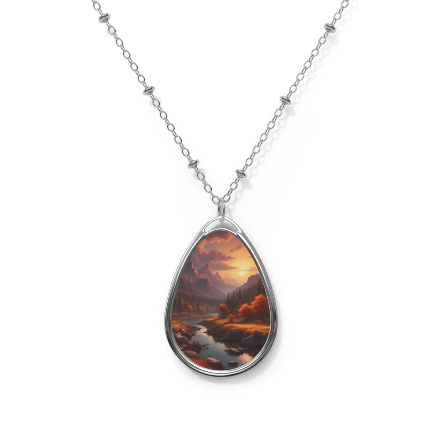 Oval Necklace - Autumn Mountain Landscape Teardrop Pendant - One Size / Silver - Accessories