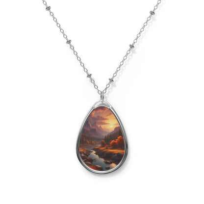 Oval Necklace - Autumn Mountain Landscape Teardrop Pendant - One Size / Silver - Accessories