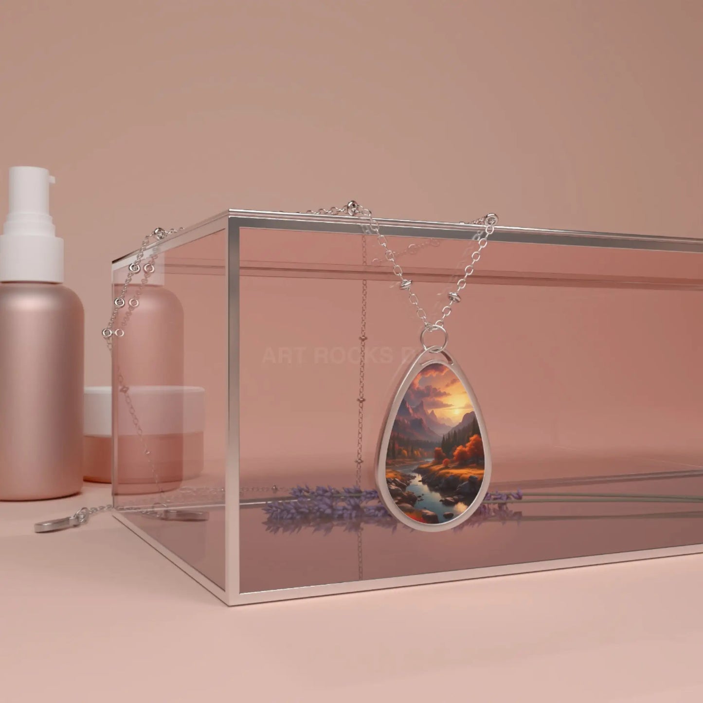 Oval Necklace - Autumn Mountain Landscape Teardrop Pendant - One Size / Silver - Accessories