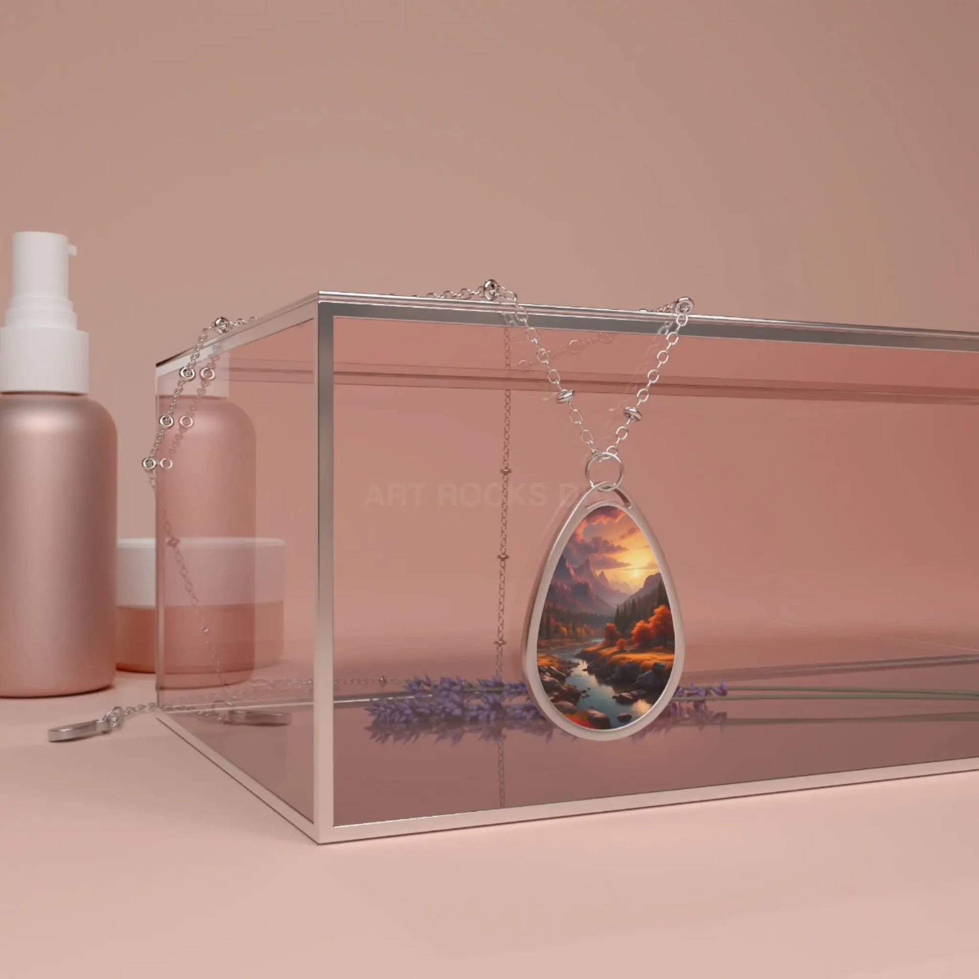 Oval Necklace - Autumn Mountain Landscape Teardrop Pendant - One Size / Silver - Accessories
