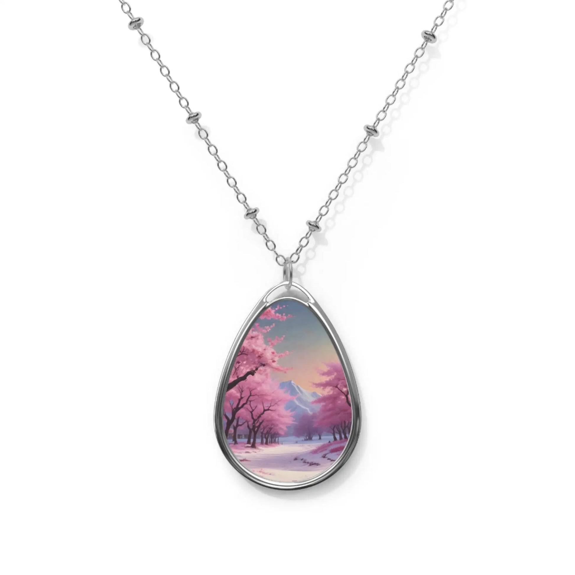 Oval Necklace — Cherry Blossom Winter Landscape Teardrop Pendant Necklace - One Size / Silver - Accessories