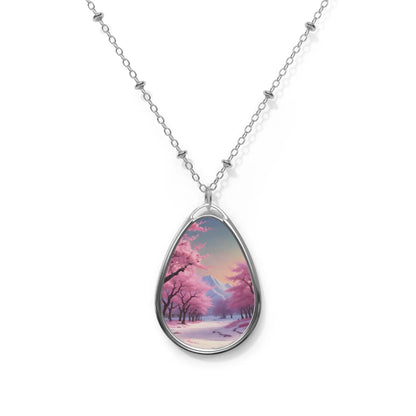 Oval Necklace — Cherry Blossom Winter Landscape Teardrop Pendant Necklace - One Size / Silver - Accessories