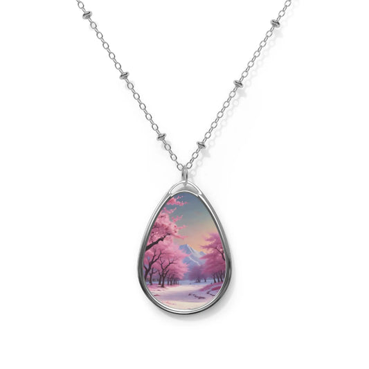 Oval Necklace — Cherry Blossom Winter Landscape Teardrop Pendant Necklace - One Size / Silver - Accessories