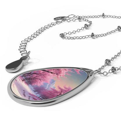 Oval Necklace — Cherry Blossom Winter Landscape Teardrop Pendant Necklace - One Size / Silver - Accessories