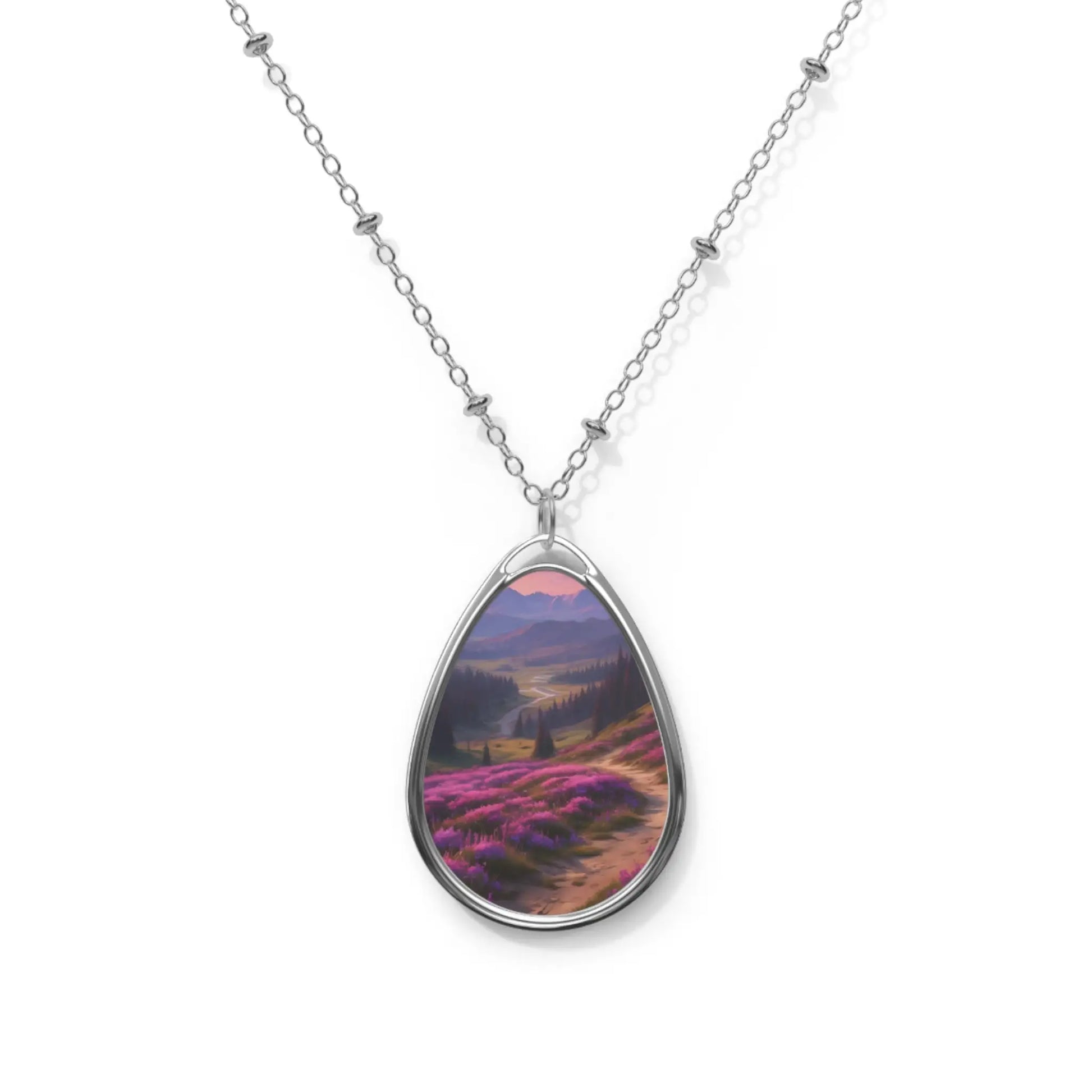 Oval Necklace — Lavender Field Teardrop Pendant Silver Necklace - One Size / Silver - Accessories
