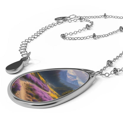 Oval Necklace — Lavender Mountain Landscape Pendant Necklace - One Size / Silver - Accessories