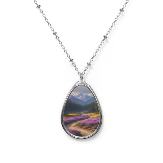 Oval Necklace — Lavender Mountain Landscape Pendant Necklace - One Size / Silver - Accessories