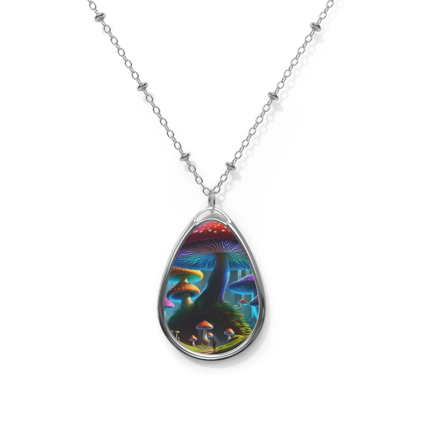 Oval Necklace — Psychedelic Mushroom Teardrop Pendant Necklace - One Size / Silver - Accessories