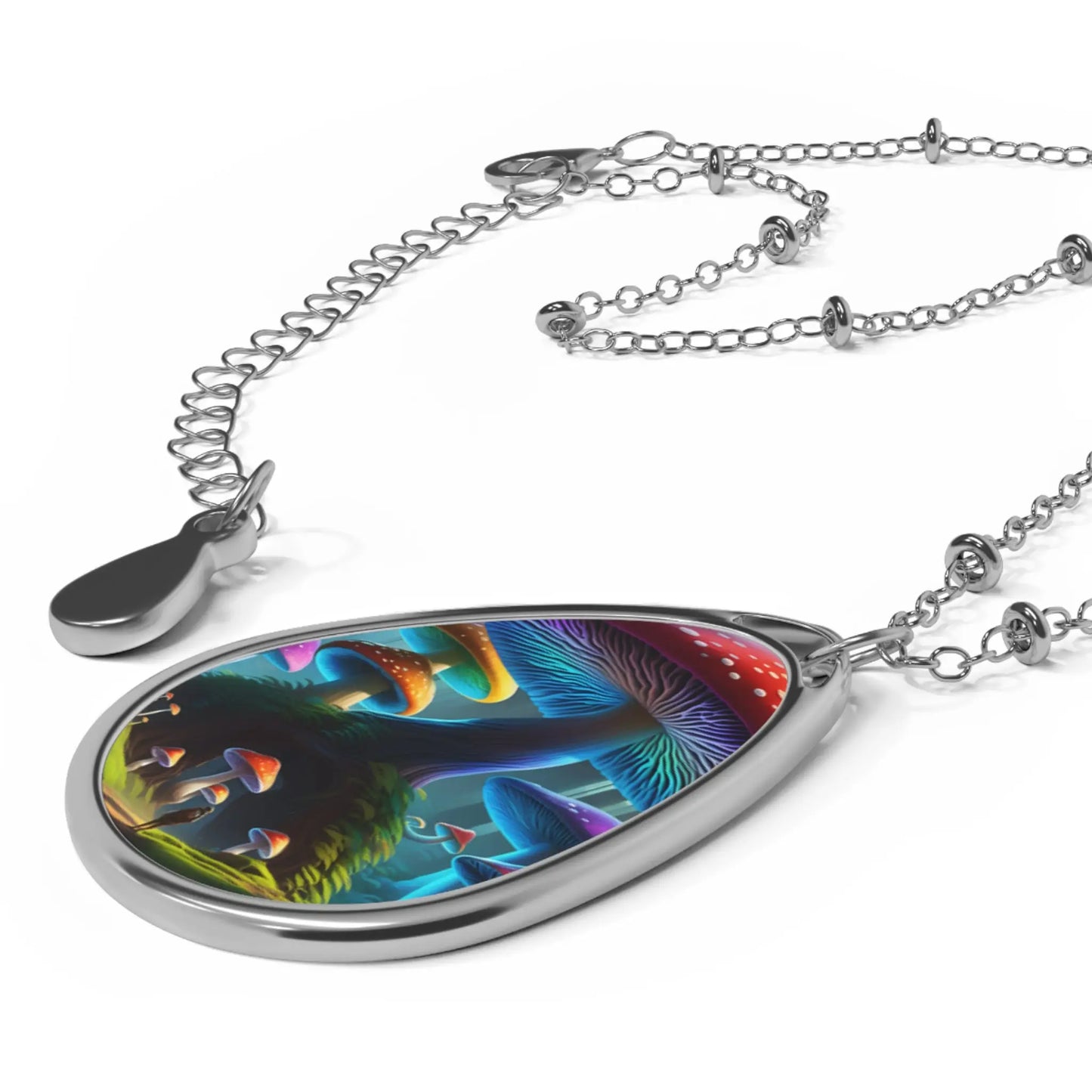 Oval Necklace — Psychedelic Mushroom Teardrop Pendant Necklace - One Size / Silver - Accessories