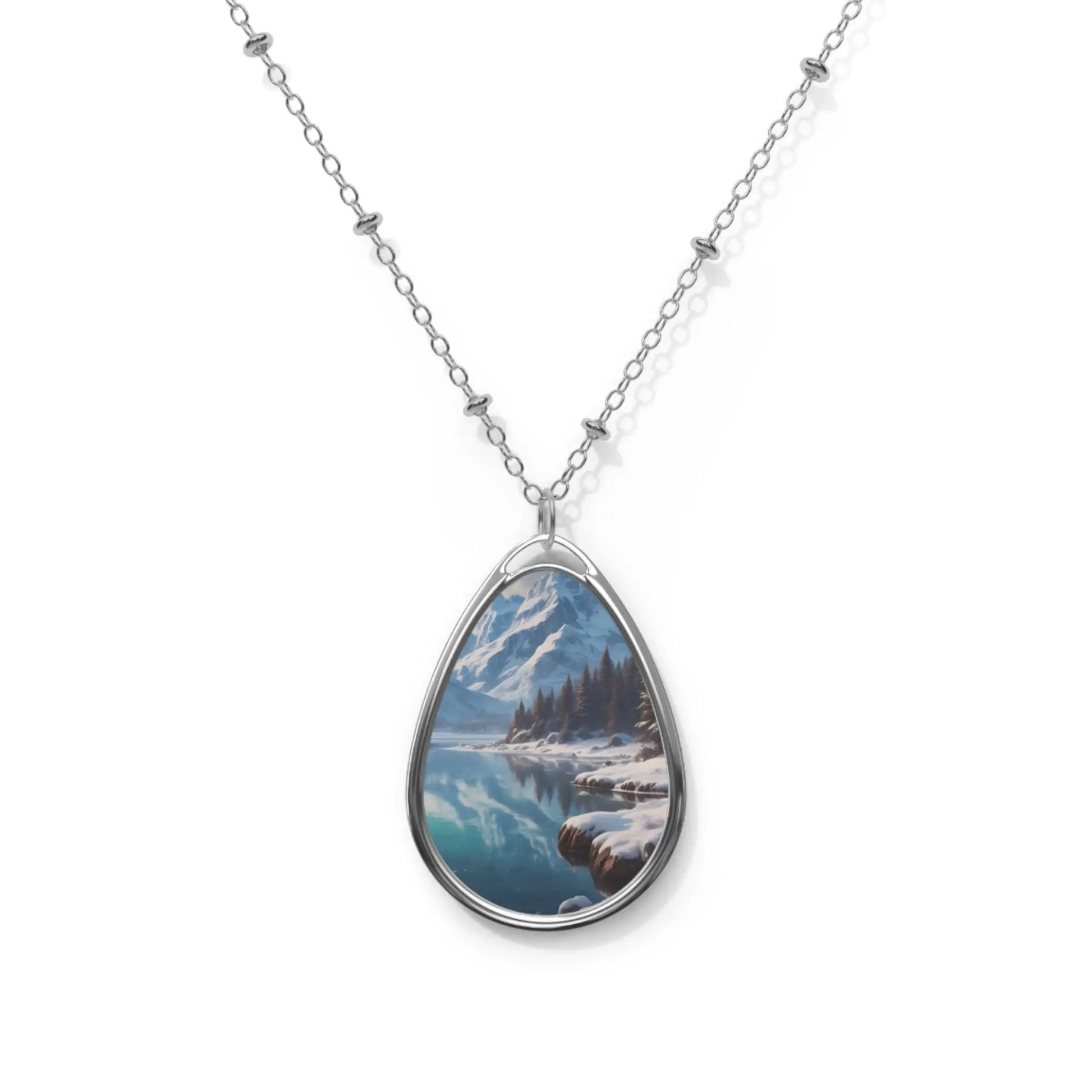 Oval Necklace — Scenic Mountain Lake Teardrop Pendant Necklace - One Size / Silver - Accessories