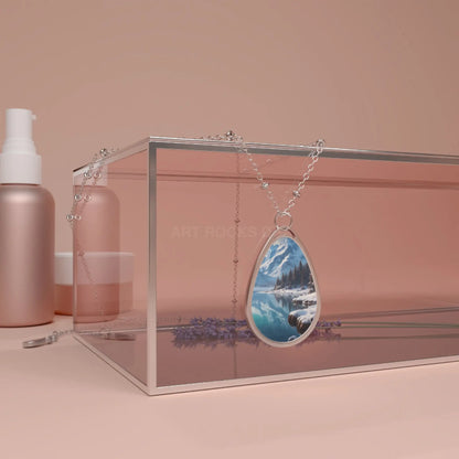 Oval Necklace — Scenic Mountain Lake Teardrop Pendant Necklace - One Size / Silver - Accessories