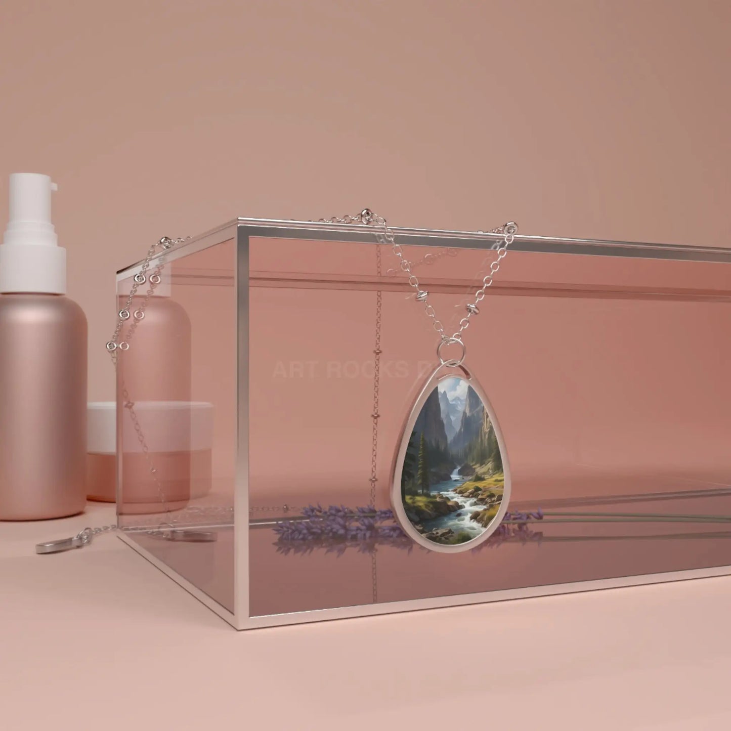 Oval Necklace — Silver Teardrop Landscape Pendant Necklace (Mountain Stream) - One Size / Silver - Accessories