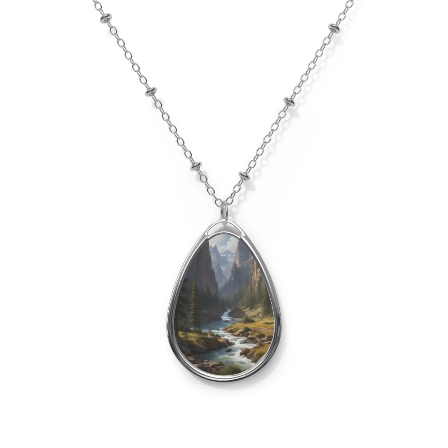 Oval Necklace — Silver Teardrop Landscape Pendant Necklace (Mountain Stream) - One Size / Silver - Accessories